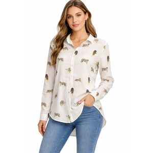 Jane and Delancey Top 3/4 Sleeve Button Up Lion Print Animal White Novelty Tunic
